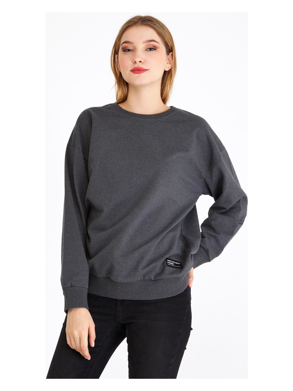 Mmetalic Kadın Siyah Renk Basic Bisiklet Yaka Sweatshirt - Görsel 5