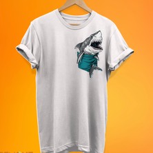 Remonz Köpekbalığı Cep Baskılı %100 Pamuk Oversize T-Shirt Büyük Beden Tişört