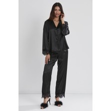 Pierre Cardin 1135 Kadın Saten Dantelli Pijama Takımı-Siyah