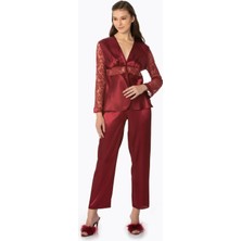 Pierre Cardin 1121 Kadın  Saten Dantelli Pijama Takımı-Bordo