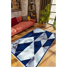 10 Post Online Modern Geometrik Mermer Temalı Lacivert Gri Mavi Kaydırmaz Kesme Yıkanabilir Ince Halı 