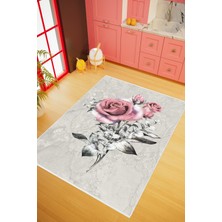 10 Post Online Mutfak Halısı Figürlü Çiçekli Gül Desenli Gri Gümüş Pembe Kaydırmaz Kesme Yıkanabilir Ince Halı 