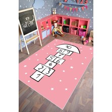 10 Post Online Çocuk Halısı Figürlü Seksek Desenli Pembe Beyaz Kaydırmaz Kesme Yıkanabilir Ince Halı 