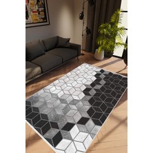 10 Post Online Modern Geometrik Gümüş Gri Siyah Kaydırmaz Kesme Yıkanabilir Ince Halı 
