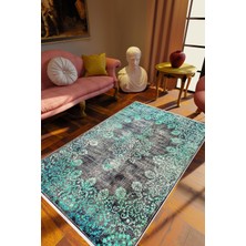 10 Post Online Klasik Eskitme Turkuaz Gri Kaydırmaz Kesme Yıkanabilir Ince Halı 