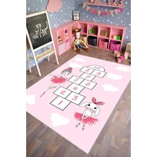 10 Post Online Çocuk Halısı Figürlü Seksek Balerin ve Tavşan Desenli Pembe Kaydırmaz Kesme Yıkanabilir Ince Halı 