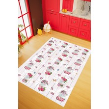 10 Post Online Mutfak Halısı Figürlü Çiçekli Fincan Temalı Mor Kaydırmaz Kesme Yıkanabilir Ince Halı 