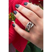 Fildişi Aksesuar Antik Gümüş Kaplama Oval Zincir Şekilli El Yapımı Ayarlanabilir Yüzük