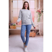 Self Clothing Kadın Gri Bisiklet Yaka Petek Kumaş Sweatshirt SLF1365