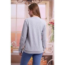 Self Clothing Kadın Gri Bisiklet Yaka Petek Kumaş Sweatshirt SLF1365
