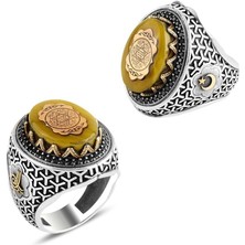 Takılingo Sarı Kehribar Taşlı Hz Süleyman Mührü Motifli Gümüş Erkek Yüzük