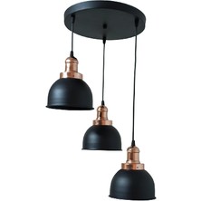 Rys Tasarım Retro Metal Siyah Bakır Duylu 3 Lü Dekoratif Sarkıt Avize Çap:30 cm