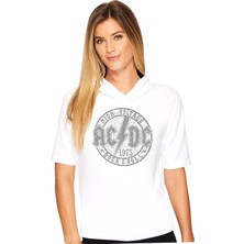 Rock&Roll Dairede Acdc Kapüşonlu Beyaz Kısa Kollu Kadın T-Shirt