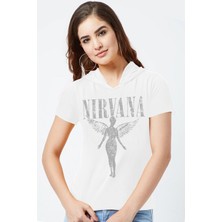 Rock&Roll Melek Nirvana Kapüşonlu Beyaz Kısa Kollu Kadın T-Shirt