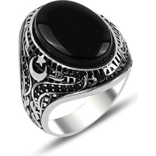 Takılingo Siyah Oniks Taşlı Ay Yıldız Motifli Gümüş Erkek Yüzük