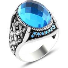 Takılingo Aqua Marine Taşlı Firuze Detaylı Gümüş Erkek Yüzük