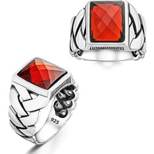 Takılingo Kırmızı Zirkon Taşlı Örgü Desenli Gümüş Erkek Yüzük