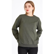 Mmetalic Kadın Haki Renk Basic Bisiklet Yaka Sweatshirt