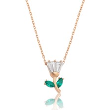 Mia Vento Baget Taşlı Zümrüt Detay Rose Renk Gümüş Kolye