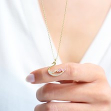 Mia Vento Pembe Baget Taşlı Işıltılı Kuğu Gold Renk Gümüş Kolye