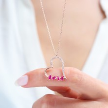 Mia Vento Fuşya Baget Taşlı Kalp Motifli Rose Renk Gümüş Kolye