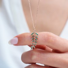 Mia Vento Yeşil Taşlı Defne Yaprağı Rose Renk Gümüş Kolye