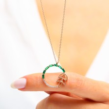 Mia Vento Zümrüt Yeşili Defne Yaprağı Rose Renk Gümüş Kolye