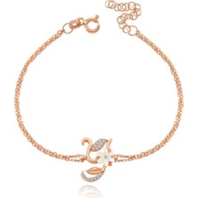 Mia Vento Işıltılı Manolya Çiçeği Y Harfi Rose Renk Gümüş Harfli Bileklik