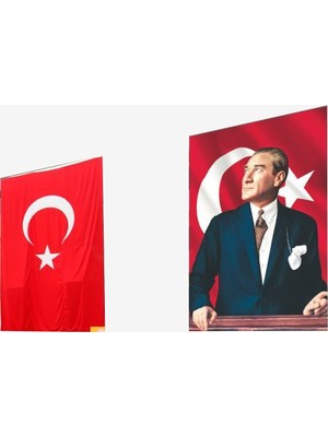 Özgüvenal -1 Raşel Kumaş Atatürk Posteri + Türk Bayrağı 300 x 450 cm