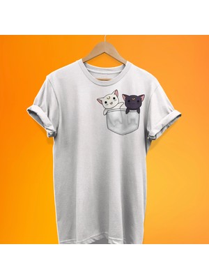 Remonz Kedi Cep Baskılı %100 Pamuk Oversize T-Shirt Büyük Beden Tişört