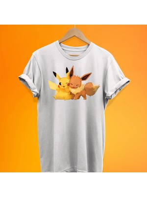 Remonz Pikachu Eve Beyaz Baskılı %100 Pamuk Oversize T-Shirt Büyük Beden Tişört
