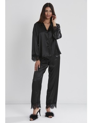 Pierre Cardin 1135 Kadın Saten Dantelli Pijama Takımı-Siyah