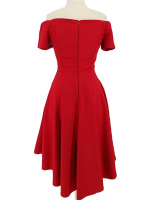Fahrettin Moda 152 Kırmızı Kayık Yaka Krep Kumaş Kısa Elbise