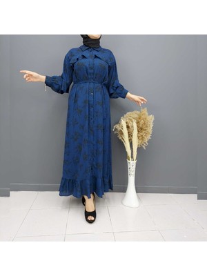 Fahrettin Moda 6618 Lacivert Desenli Fırfırlı Uzun Tesettür Elbise