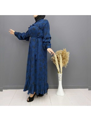 Fahrettin Moda 6618 Lacivert Desenli Fırfırlı Uzun Tesettür Elbise