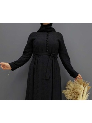 Fahrettin Moda 4006 Siyah Dantel Ön Yarım Düğmeli Uzun Tesettür Elbise