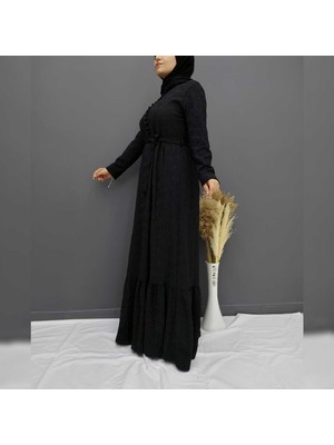 Fahrettin Moda 4006 Siyah Dantel Ön Yarım Düğmeli Uzun Tesettür Elbise