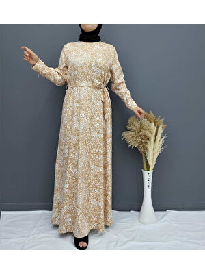 Fahrettin Moda 1505 Vizon Şal Desenli Sıfır Yaka Uzun Tesettürlü Elbise,