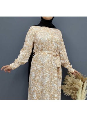 Fahrettin Moda 1505 Vizon Şal Desenli Sıfır Yaka Uzun Tesettürlü Elbise,