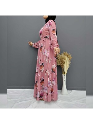 Fahrettin Moda 2294 Pembe Çiçek Desenli Büyük Beden Tesettür Elbise