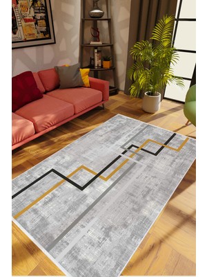 10 Post Online Modern Geometrik Gri Siyah Gold Kaydırmaz Kesme Yıkanabilir Ince Halı 