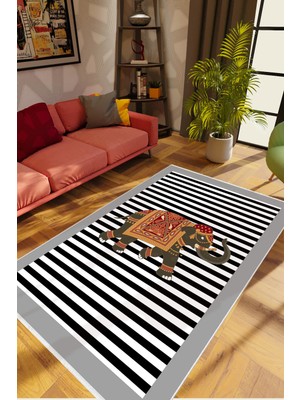 10 Post Online Figürlü Çizgili Fil Gri Siyah Beyaz Kaydırmaz Kesme Yıkanabilir Ince Halı 