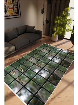 10 Post Online Figürlü Çiçekli Kuş Desen Yeşil Kaydırmaz Kesme Yıkanabilir Ince Halı 