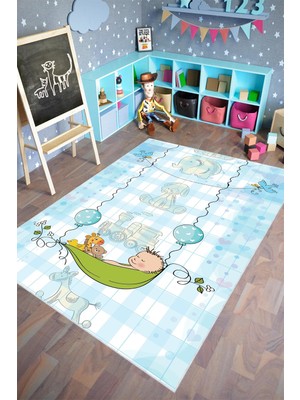 10 Post Online Figürlü Erkek Çocuk Halısı Mavi Kaydırmaz Kesme Yıkanabilir Ince Halı 