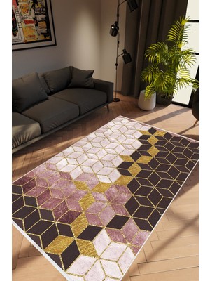 10 Post Online Modern Geometrik Altın Ekru Mor Kaydırmaz Kesme Yıkanabilir Ince Halı 