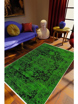 10 Post Online Klasik Eskitme Yeşil Siyah Kaydırmaz Kesme Yıkanabilir Ince Halı 