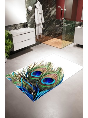 10 Post Online Banyo Paspası Modern Çiçekli Tavuskuşu Beyaz Kahverengi Mavi Kaydırmaz Kesme Yıkanabilir Ince Halı 
