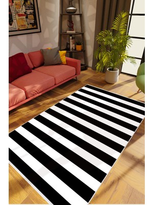 10 Post Online Modern Çizgili Beyaz Siyah Kaydırmaz Kesme Yıkanabilir Ince Halı 