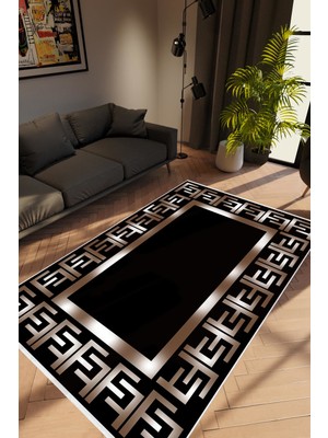 10 Post Online Modern Klasik Metalik Siyah Gold Kaydırmaz Kesme Yıkanabilir Ince Halı 