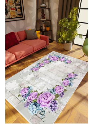 10 Post Online Figürlü Çiçekli Gri Lila Kaydırmaz Kesme Yıkanabilir Ince Halı 